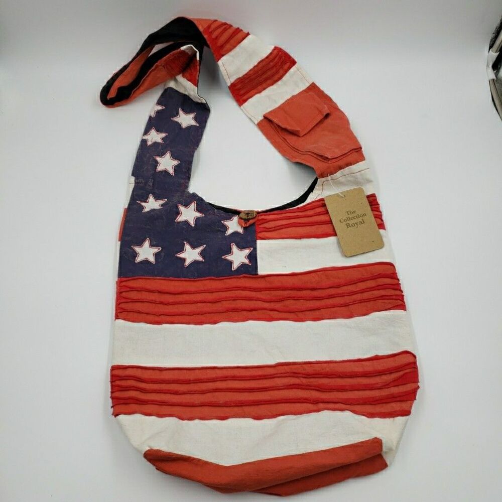 Crossbody Hobo Bag American Flag Patriotic Shredded Distressed Cotton Zip Purse - Picture 16 of 16